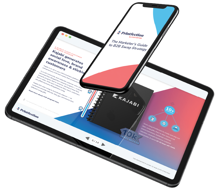Resources_Marketer_eBook_Mockup Ebook mockup titled 'The Printfection Marketer's Guide